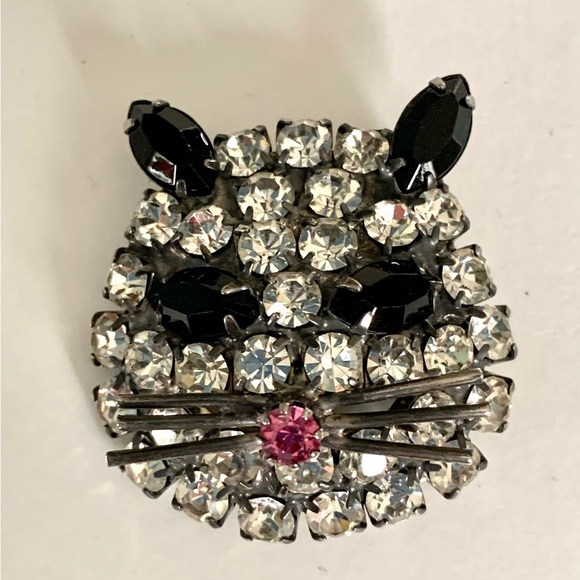 Vintage Rhinestone Cat Face Pin 1950s - Picture 3 of 4